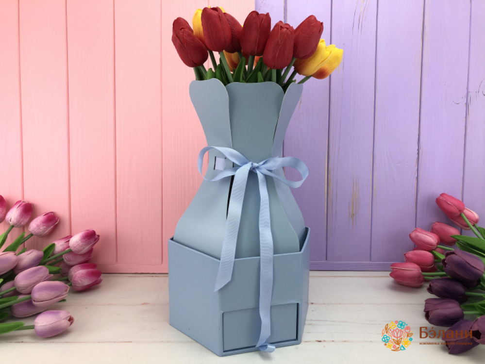 Цветочная коробка "Вазочка" со шкатулкой (голубая)
