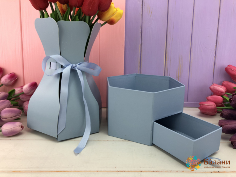 Цветочная коробка "Вазочка" со шкатулкой (голубая) | 3
