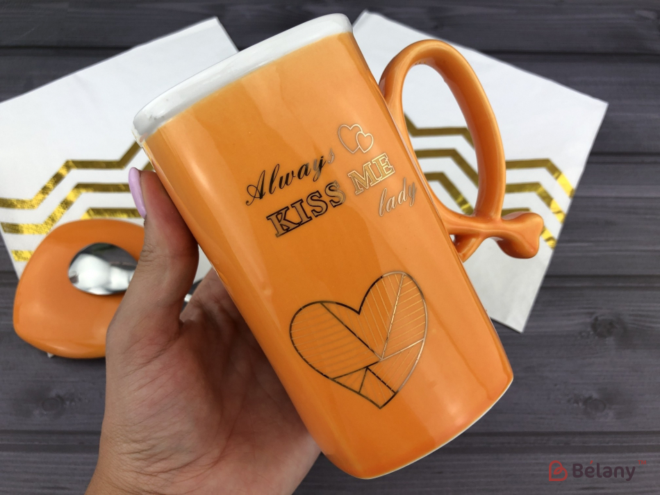 Керамічна чашка "Love kisses" помаранчева | 2