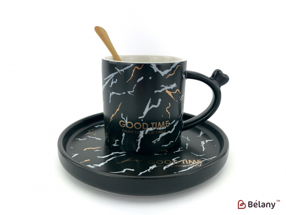 Керамічна чашка із блюдцем "Marmour" чорна
