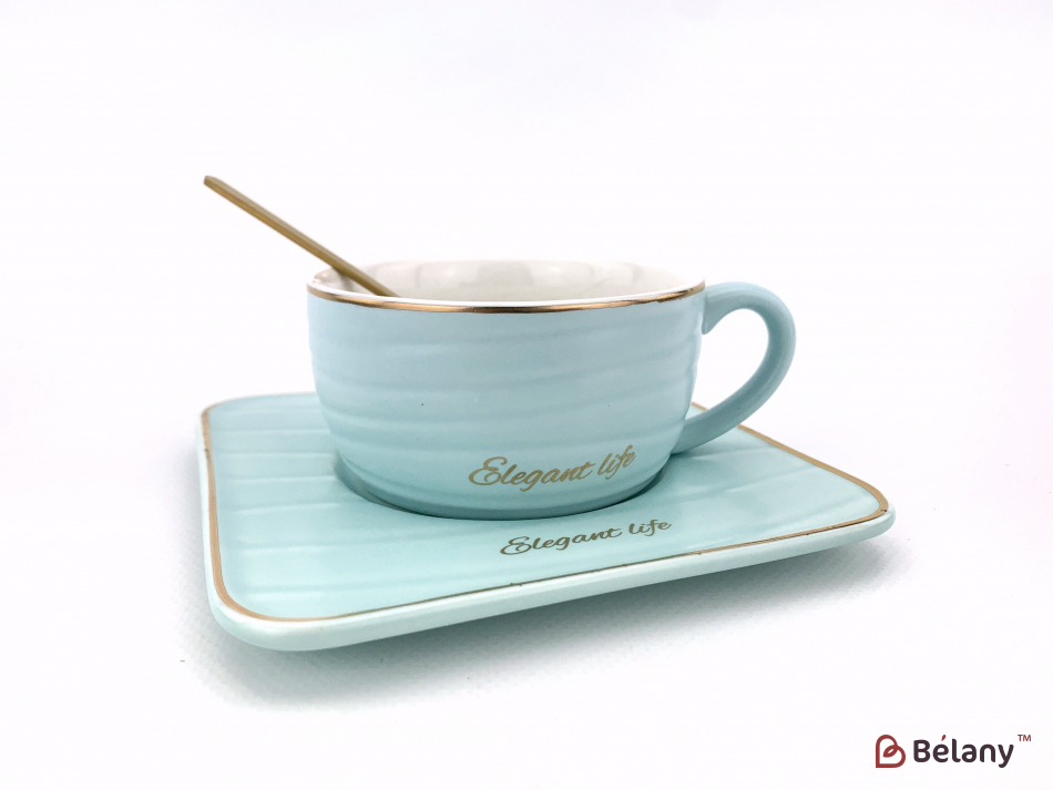 Керамічна чашка із блюдцем "Waves" блакитна