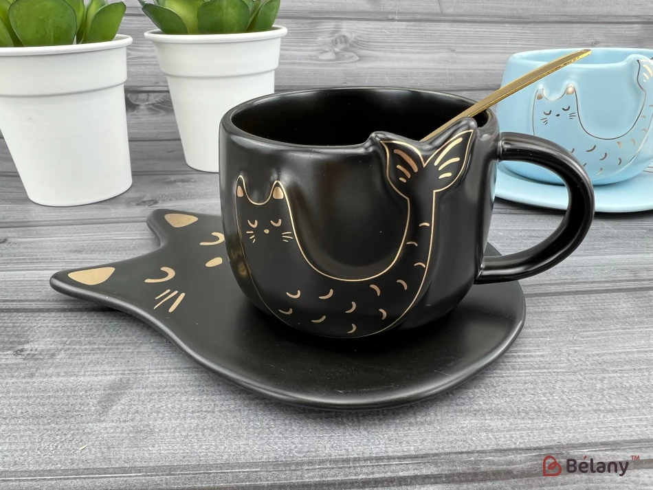 Керамическая чашка с блюдцем "Fishcat" черная