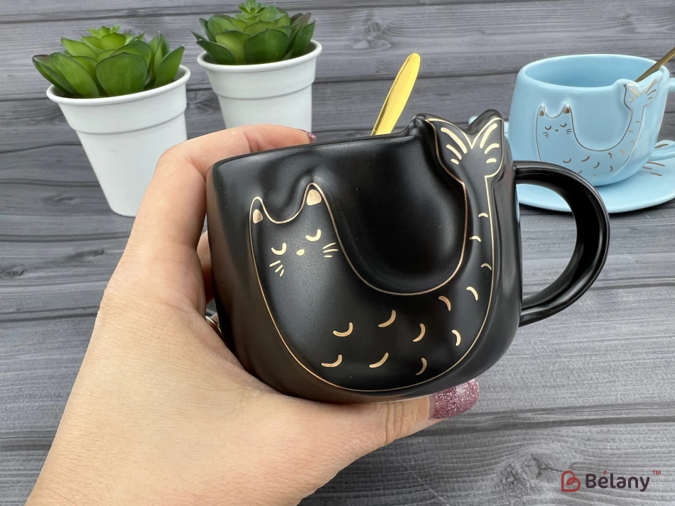 Керамическая чашка с блюдцем "Fishcat" черная | 2