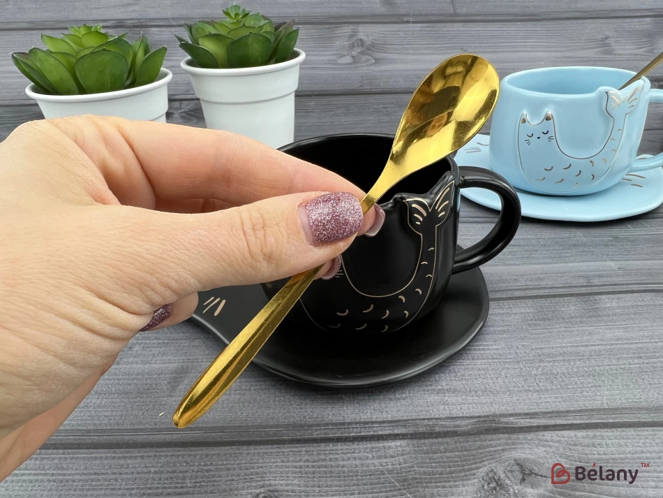 Керамическая чашка с блюдцем "Fishcat" черная | 3