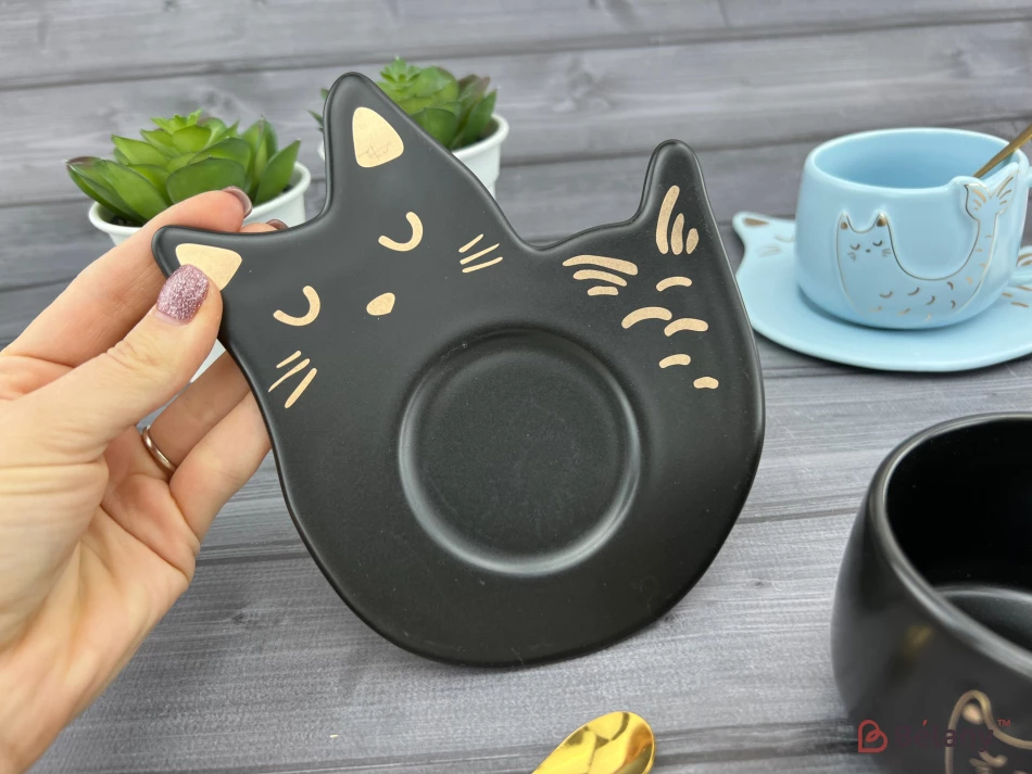 Керамическая чашка с блюдцем "Fishcat" черная | 4