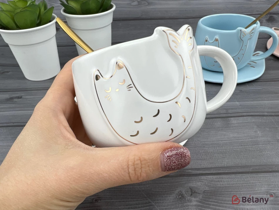 Керамическая чашка с блюдцем "Fishcat" белая | 2