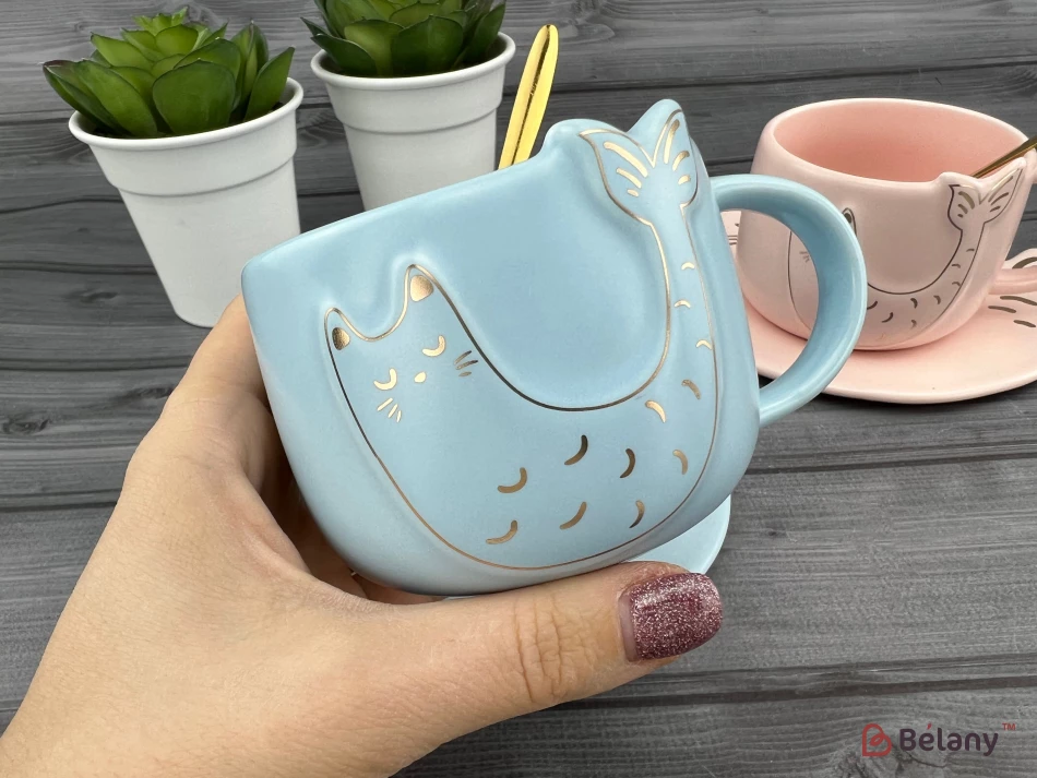 Керамическая чашка с блюдцем "Fishcat" голубая | 2