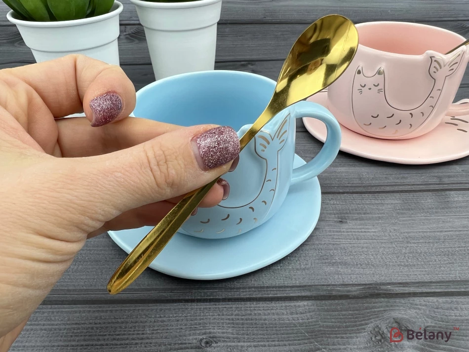 Керамическая чашка с блюдцем "Fishcat" голубая | 4