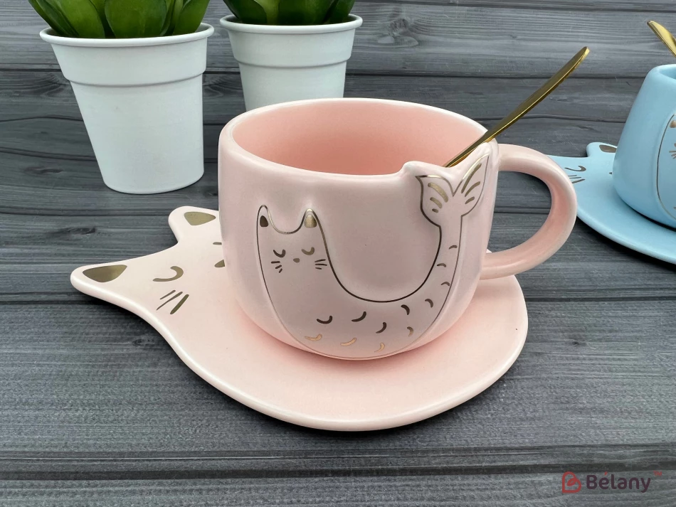 Керамическая чашка с блюдцем "Fishcat" розовая