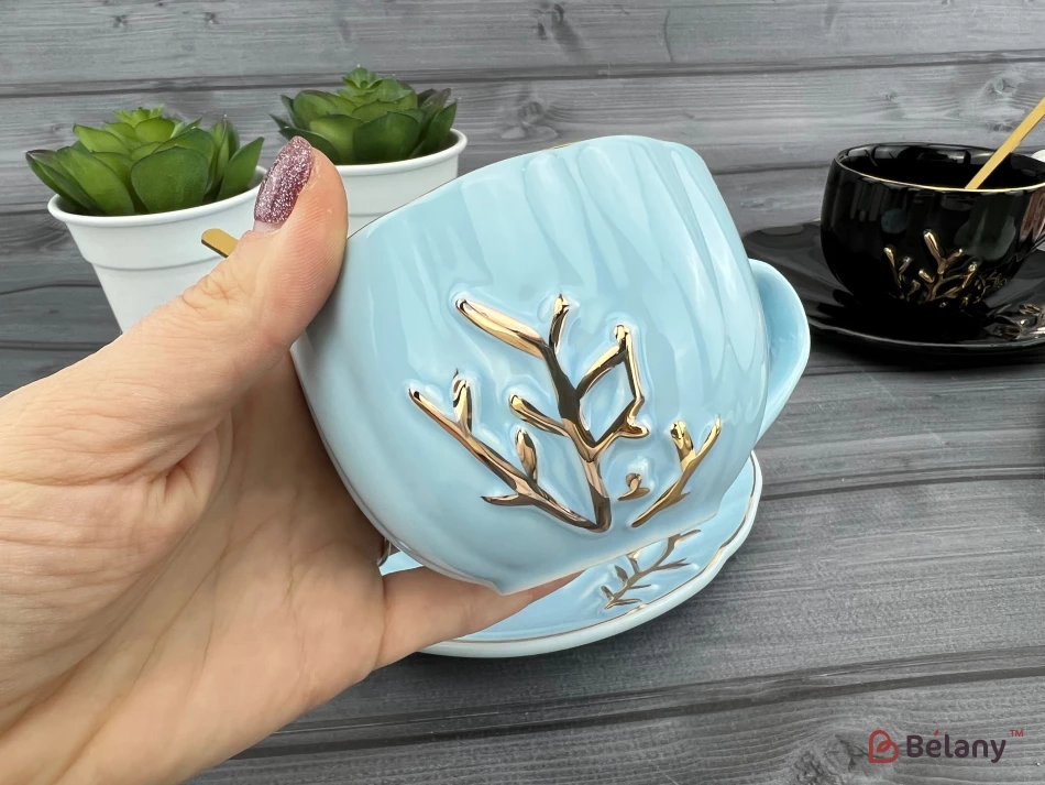 Керамическая чашка с блюдцем "Reef" голубая | 2