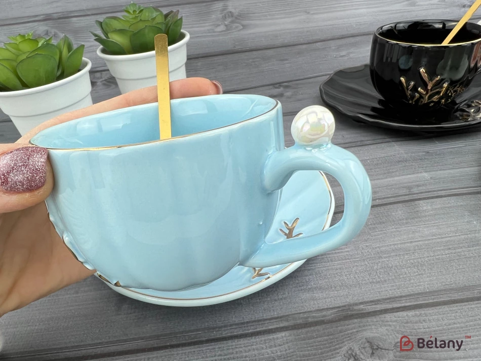 Керамическая чашка с блюдцем "Reef" голубая | 3