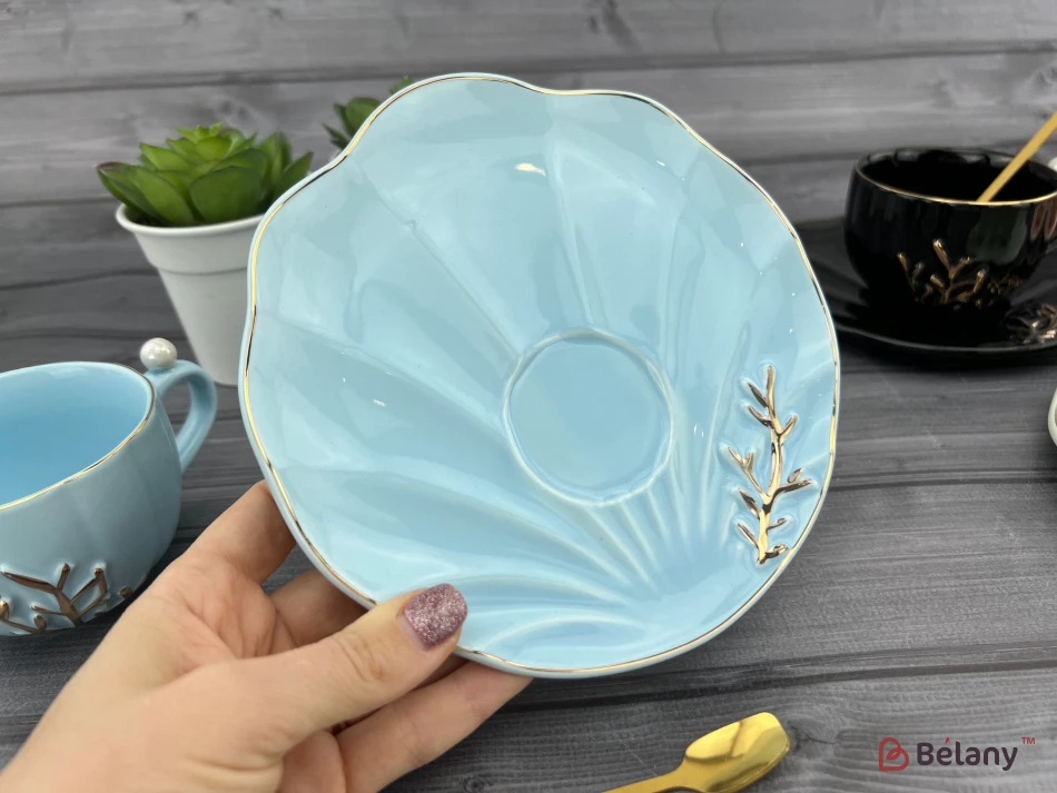 Керамическая чашка с блюдцем "Reef" голубая | 5