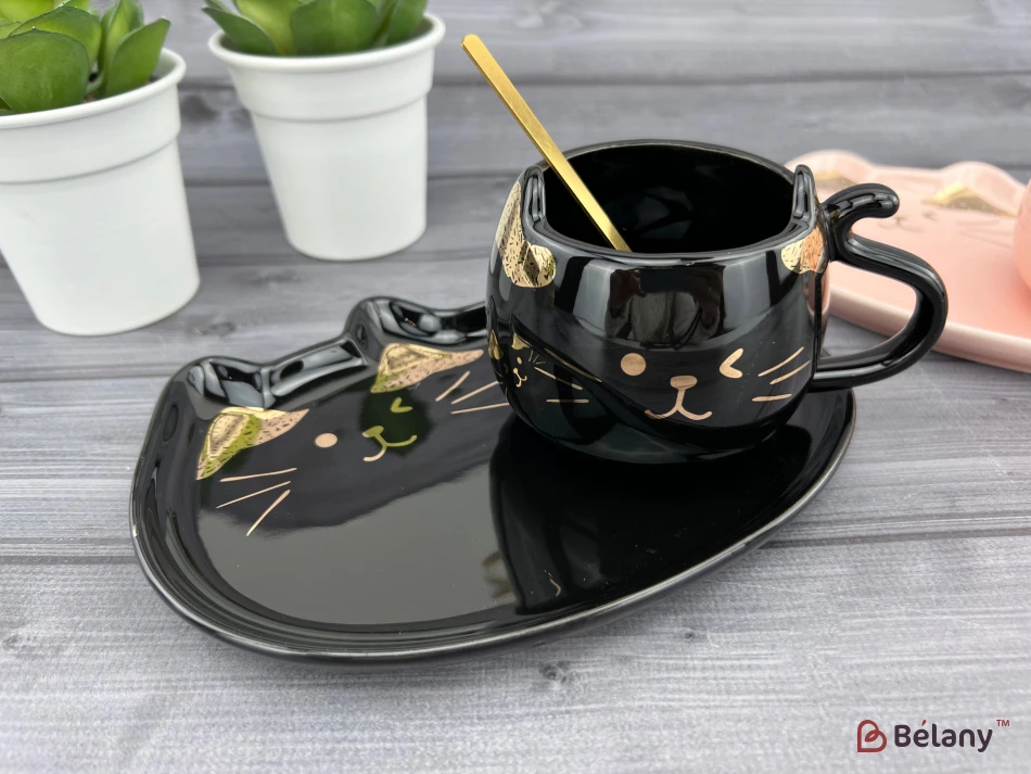 Керамическая чашка с блюдцем "Gold Ears" черная