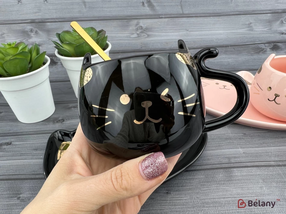 Керамическая чашка с блюдцем "Gold Ears" черная | 2