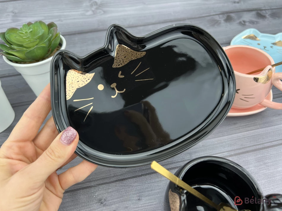 Керамическая чашка с блюдцем "Gold Ears" черная | 4