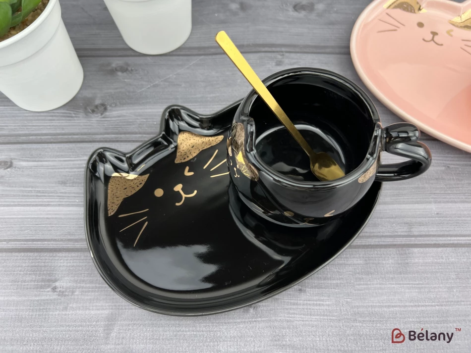 Керамическая чашка с блюдцем "Gold Ears" черная | 5