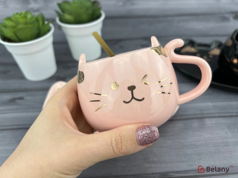 Керамическая чашка с блюдцем "Gold Ears" розовая | 2