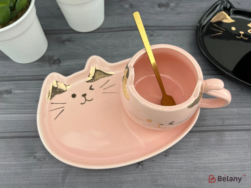 Керамическая чашка с блюдцем "Gold Ears" розовая | 3