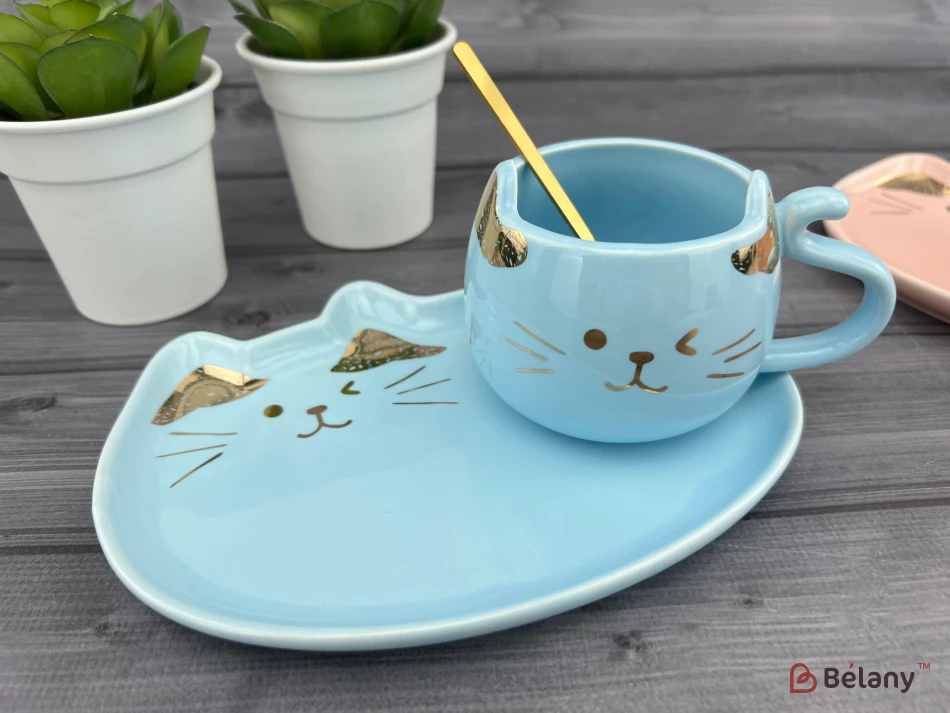 Керамічна чашка із блюдцем "Gold Ears" блакитна