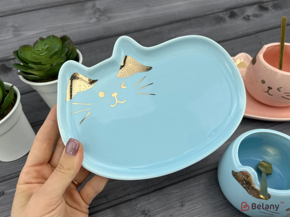 Керамічна чашка із блюдцем "Gold Ears" блакитна | 3