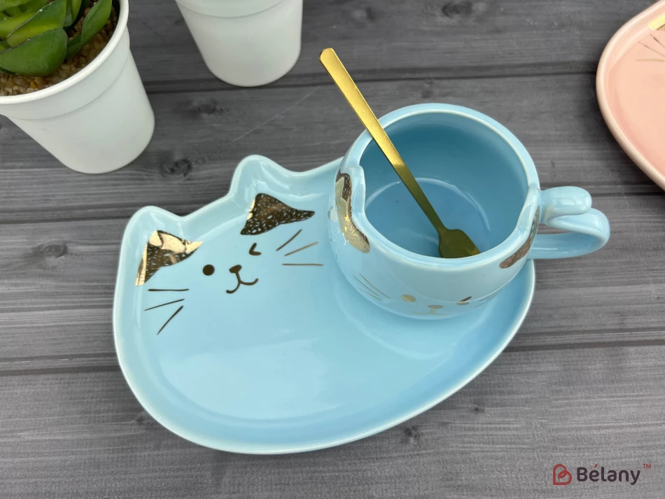 Керамічна чашка із блюдцем "Gold Ears" блакитна | 5