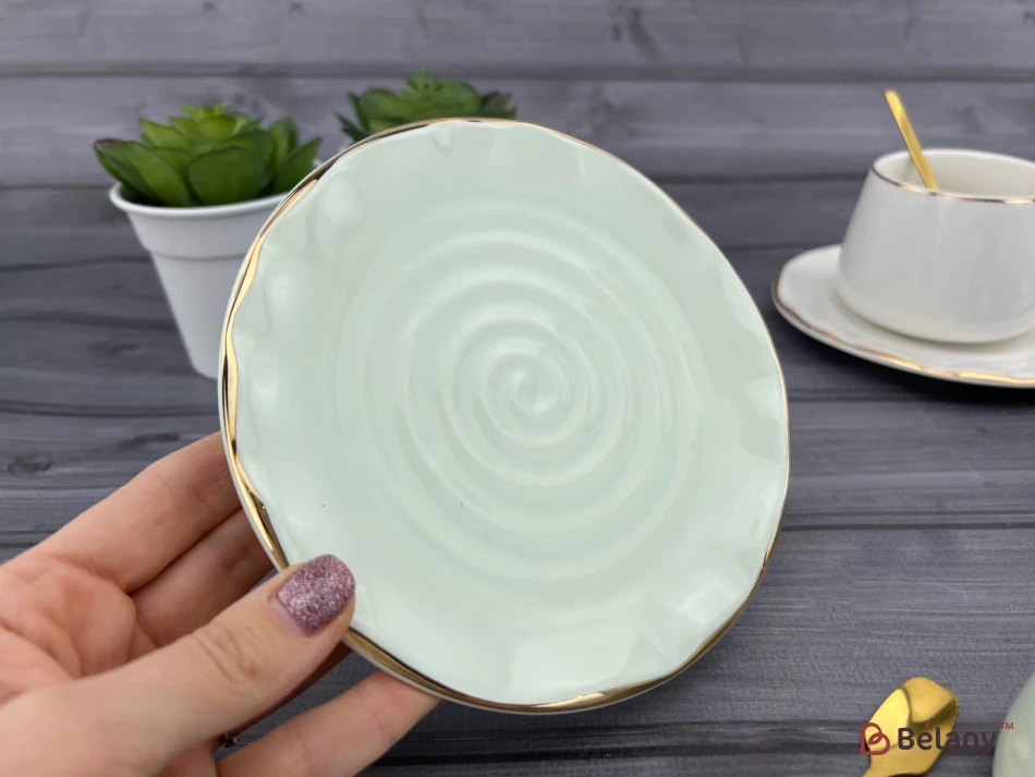 Керамическая чашка с блюдцем "Gold edge" ментол | 5