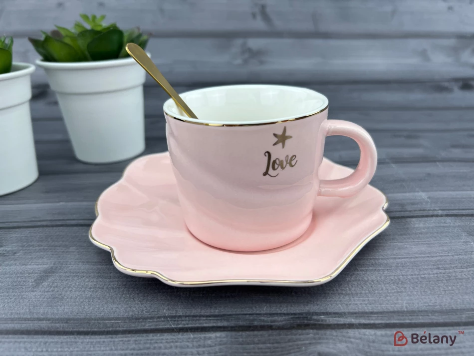 Керамическая чашка с блюдцем "Color Shell" розовая