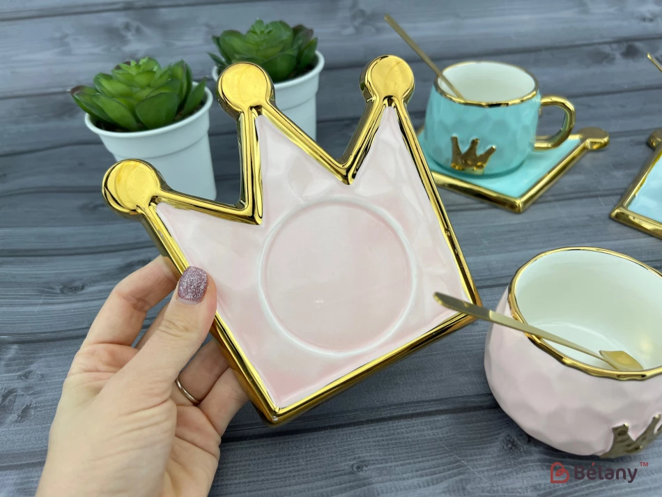 Керамическая чашка с блюдцем "Gold crown" розовая | 3