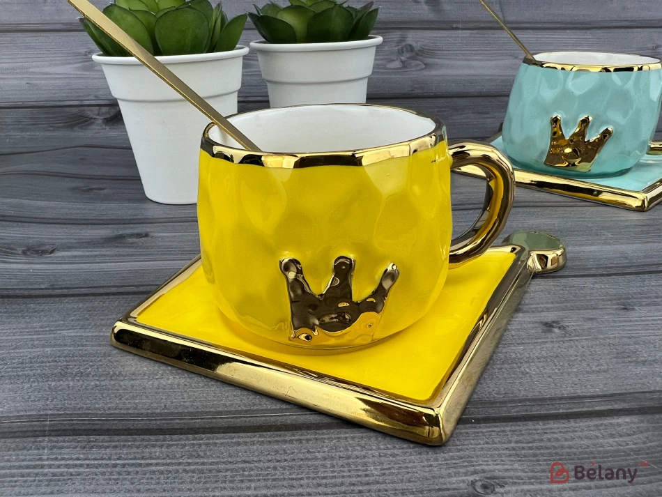 Керамічна чашка з блюдцем "Gold crown" оранж
