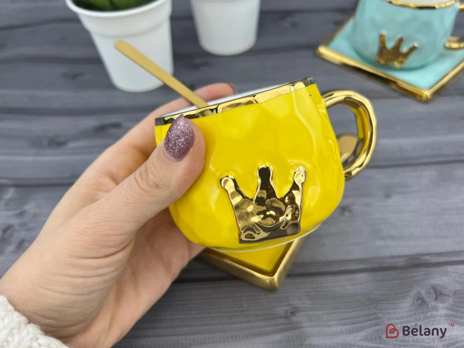 Керамічна чашка з блюдцем "Gold crown" оранж | 2