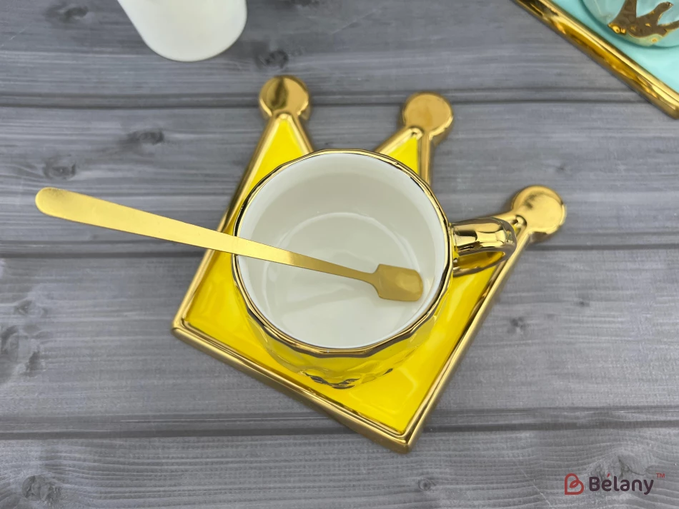 Керамічна чашка з блюдцем "Gold crown" оранж | 3
