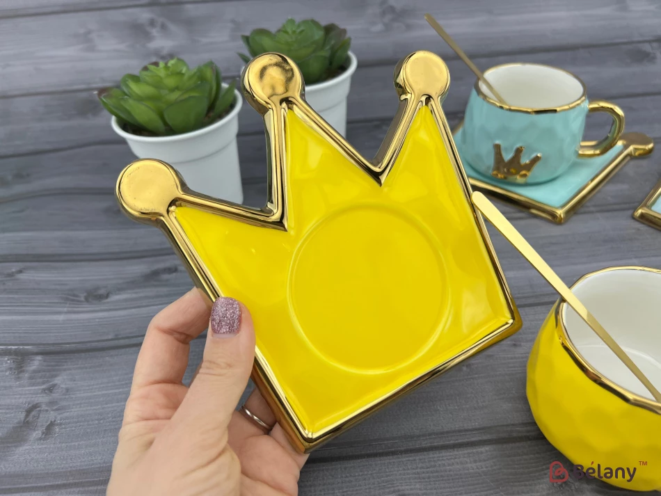 Керамічна чашка з блюдцем "Gold crown" оранж | 4