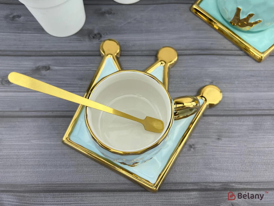 Керамічна чашка із блюдцем "Gold crown" небесна | 3
