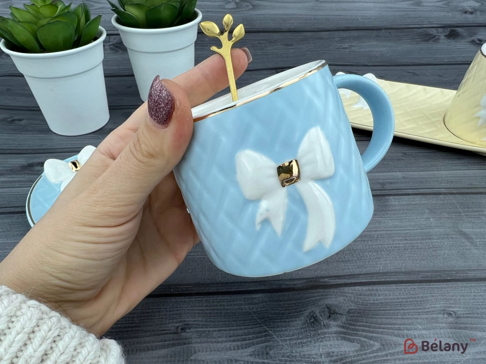Керамічна чашка із блюдцем "Softy bow" блакитна | 2