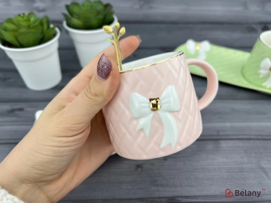 Керамическая чашка с блюдцем "Softy bow" розовая | 2