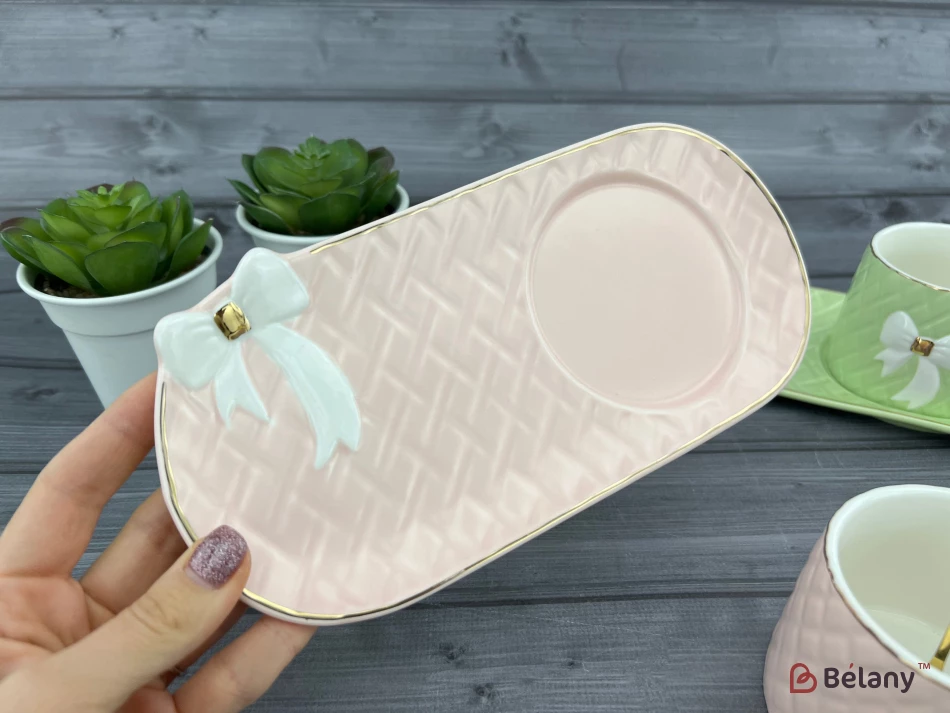 Керамическая чашка с блюдцем "Softy bow" розовая | 3