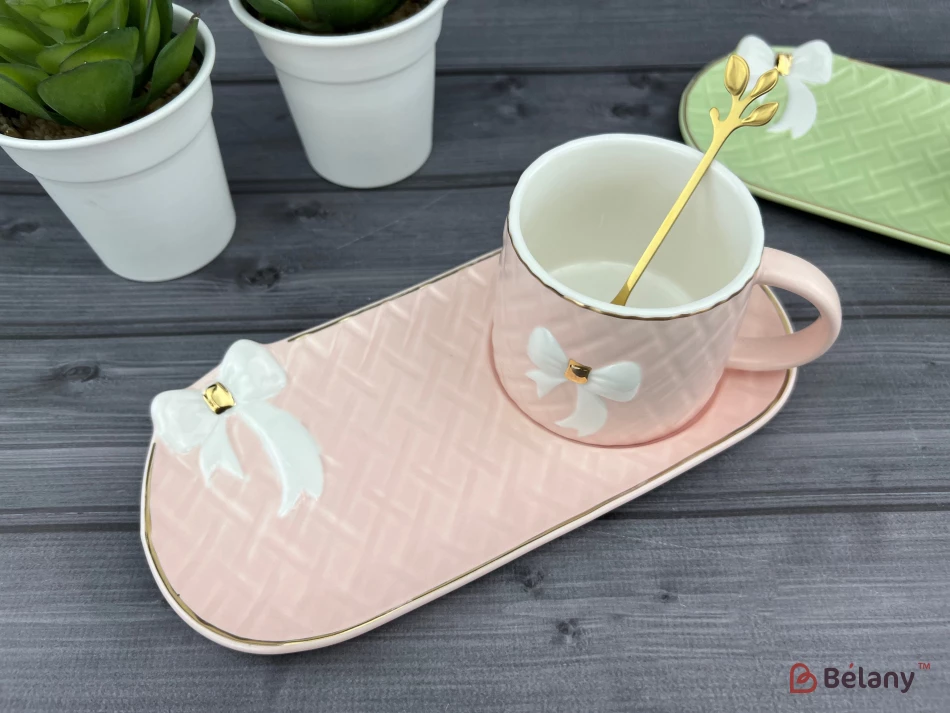 Керамическая чашка с блюдцем "Softy bow" розовая | 4