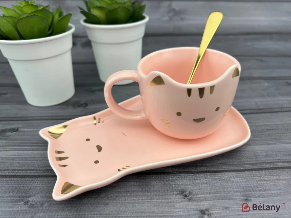 Керамическая чашка с блюдцем "Meow" розовая
