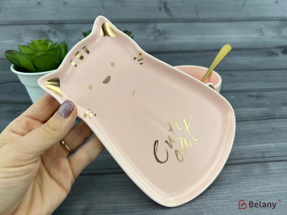 Керамическая чашка с блюдцем "Meow" розовая | 3