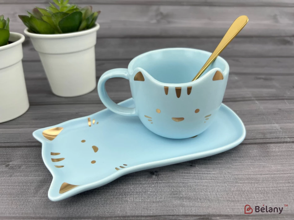 Керамическая чашка с блюдцем "Meow" голубая
