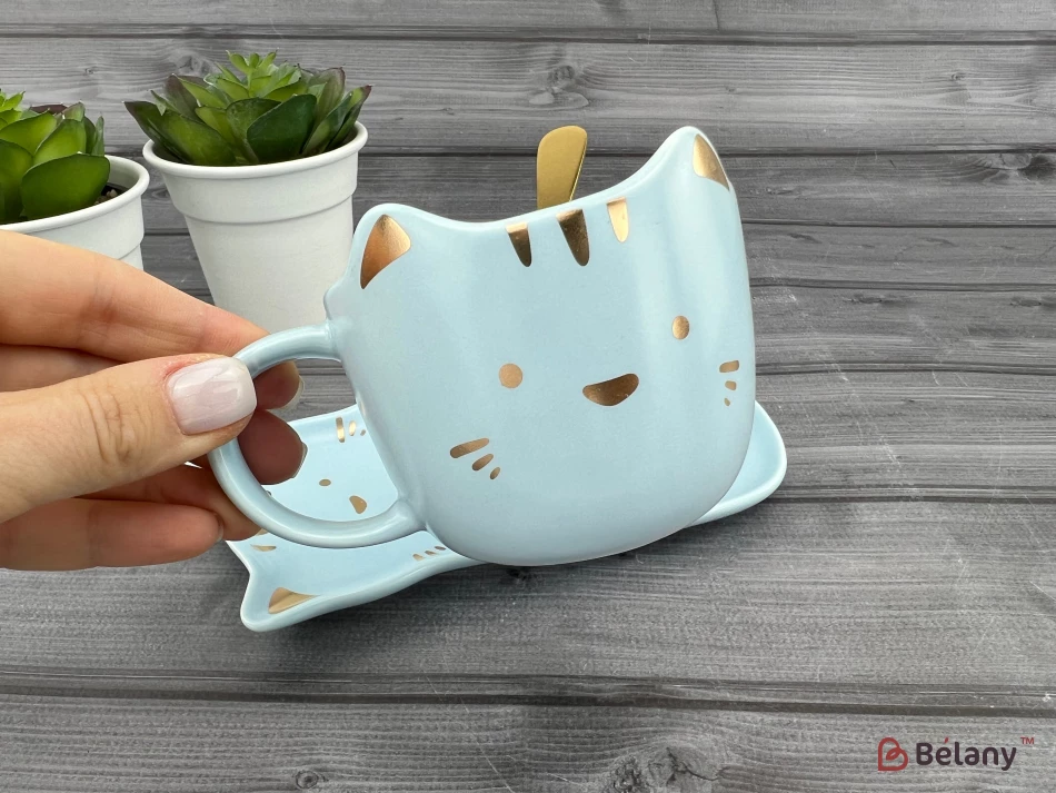 Керамическая чашка с блюдцем "Meow" голубая | 2
