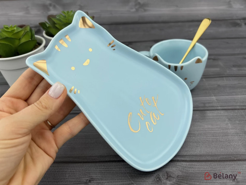 Керамическая чашка с блюдцем "Meow" голубая | 4