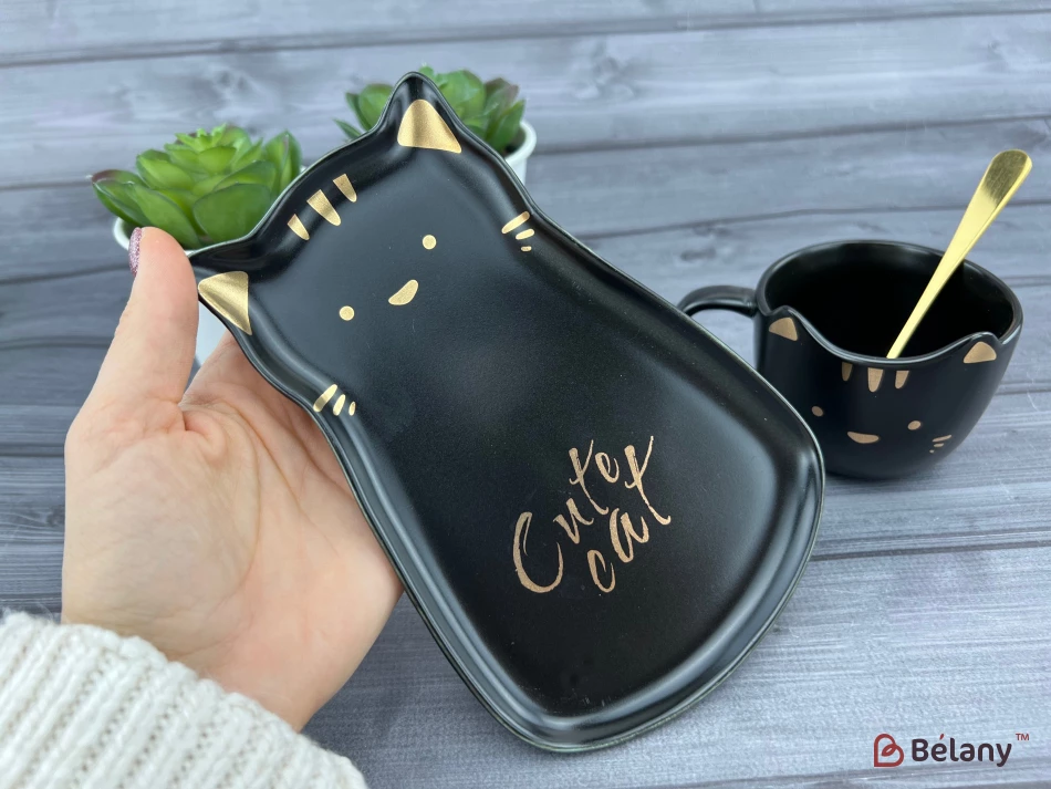 Керамическая чашка с блюдцем "Meow" черная | 3