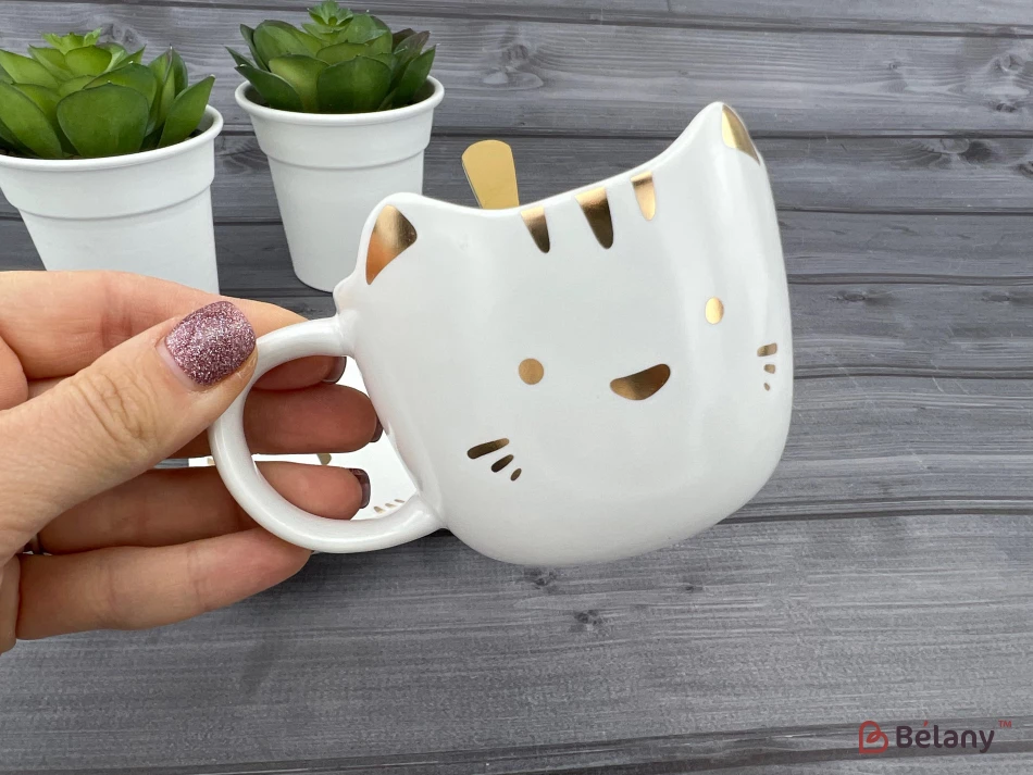 Керамическая чашка с блюдцем "Meow" белая | 2