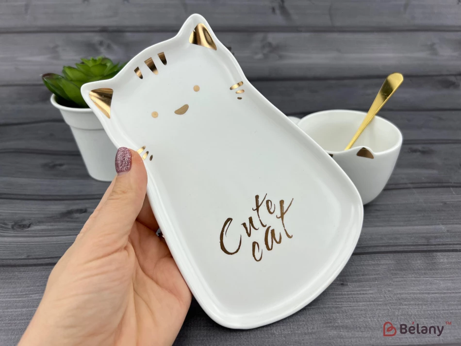 Керамическая чашка с блюдцем "Meow" белая | 3