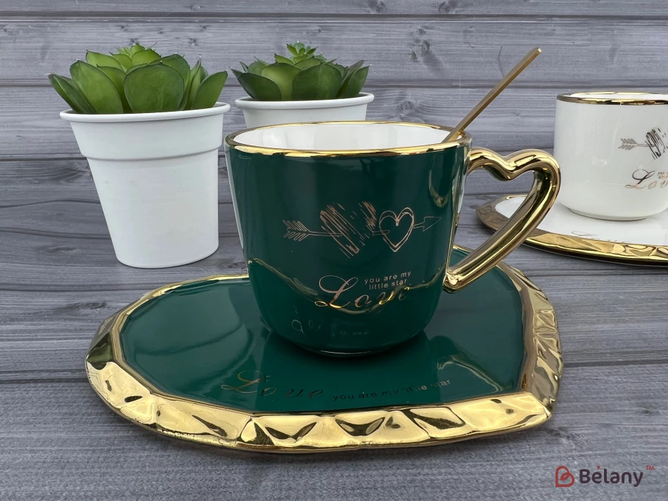 Керамічна чашка з блюдцем "Deep Gold heart" смарагд
