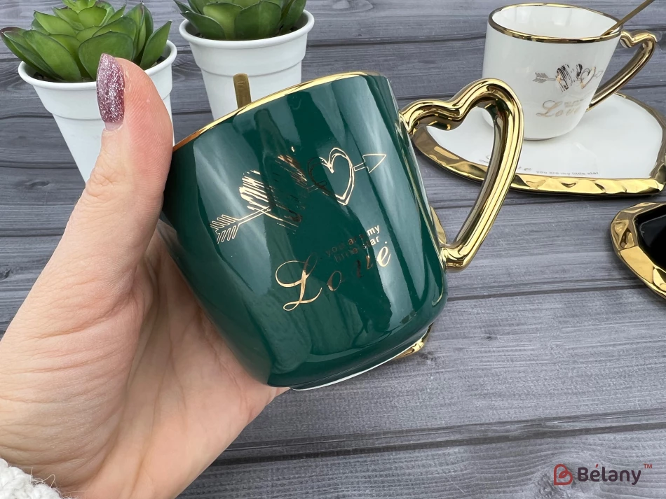 Керамічна чашка з блюдцем "Deep Gold heart" смарагд | 2