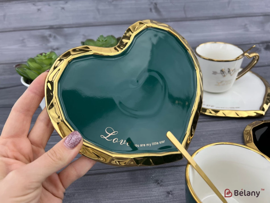 Керамічна чашка з блюдцем "Deep Gold heart" смарагд | 3