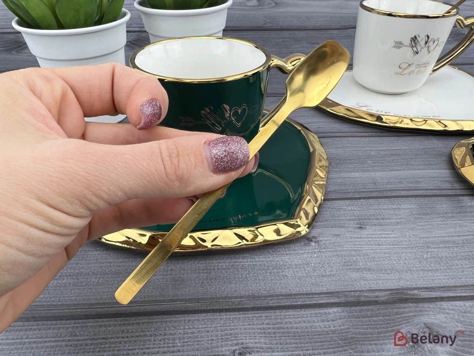 Керамічна чашка з блюдцем "Deep Gold heart" смарагд | 4