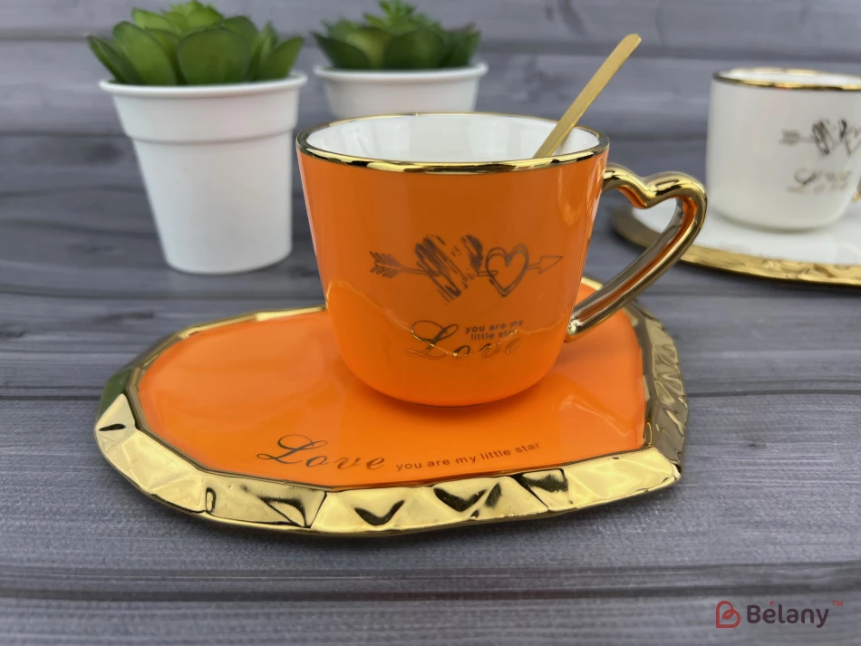 Керамічна чашка з блюдцем "Deep Gold heart" оранж